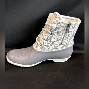 Sperry gray and white boots.